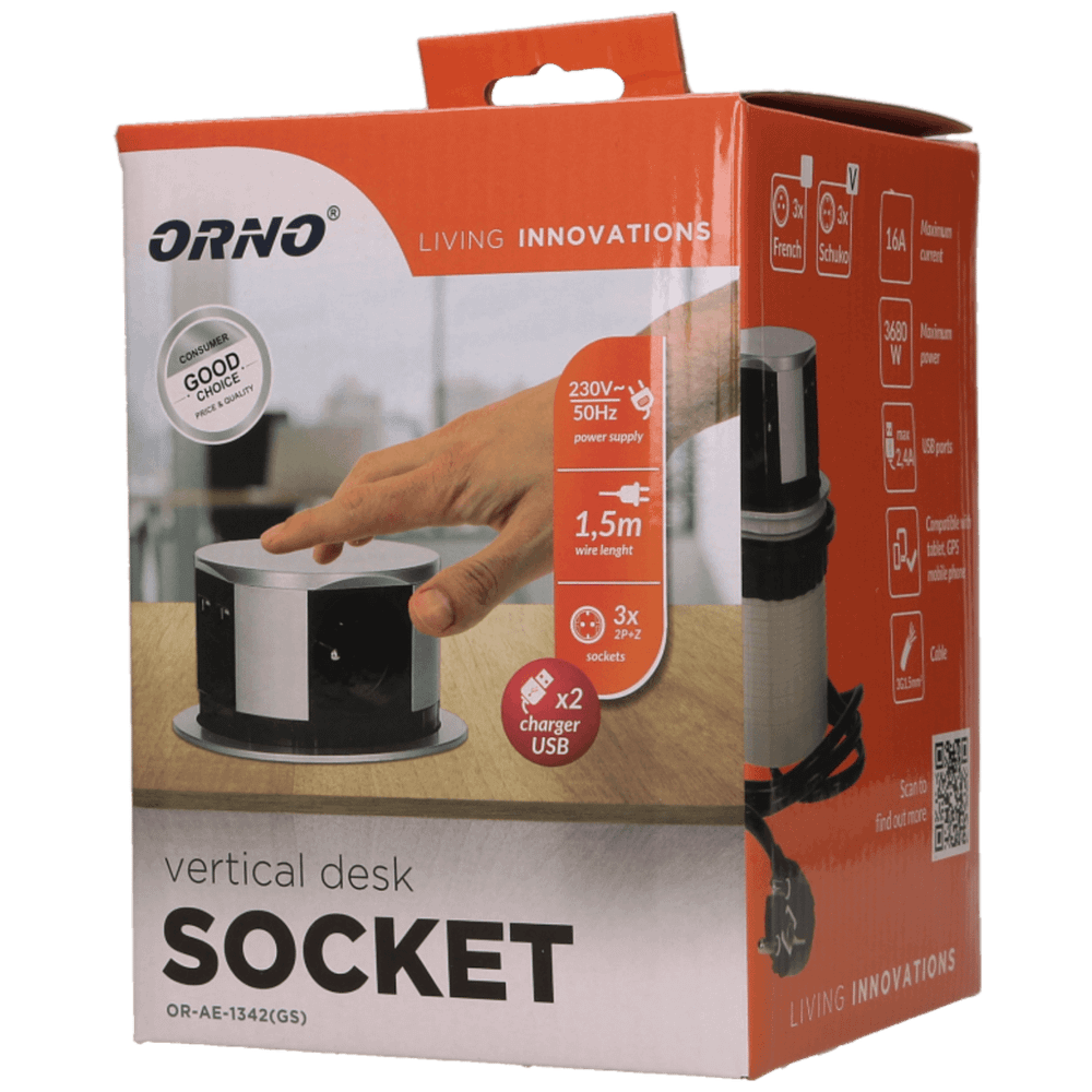 Orno Produžni kabel sa 3 x Schuko utičnice + 2 x USB, ugradbena - OR-AE-1342(GS) slika 2