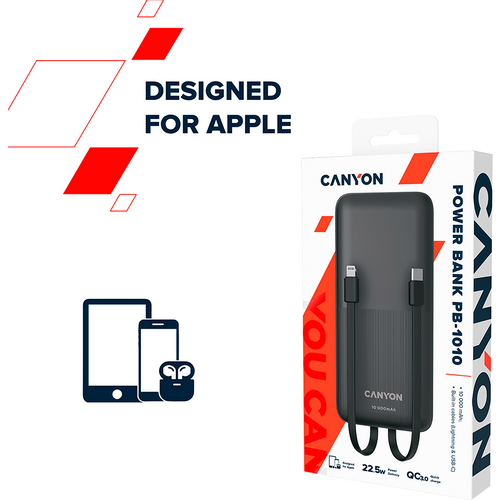 CANYON PB-1010, Power bank 10000mAh Li-pol battery with 2pcs Build-in Cable, Input: TYPE-C: 5V3A/9V2A 18WMicro USB: 5V2A/9V2A 18W Output: TYPE-C: 5V3A/9V2.2A 20WUSB-A: 4.5V5A ,5V4.5A, 5V3A,9V2A ,12V1.5A 22.5WTYPE-C cable: 4.5V5A ,5V4.5A, 5V3A, slika 12