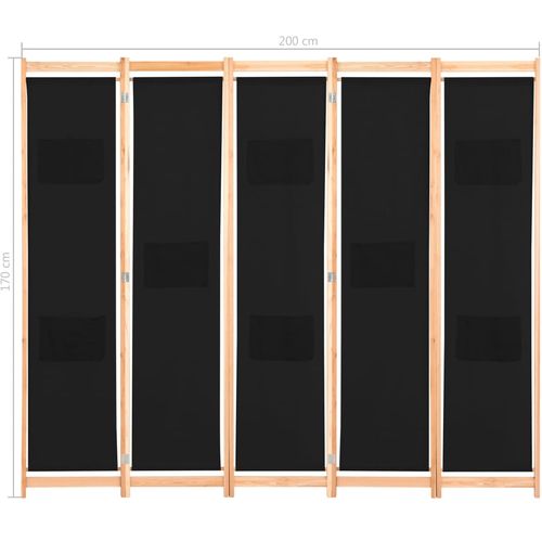 Sobna pregrada s 5 panela od tkanine 200 x 170 x 4 cm crna slika 8