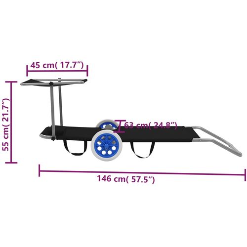 Sklopiva ležaljka za sunčanje s krovom i kotačima čelična crna slika 30