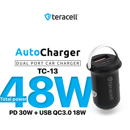 Auto punjac Teracell Evolution TC-13 PD 30W + USB QC3.0 18W, 48W (total) sa Lightning kablom crni slika 1