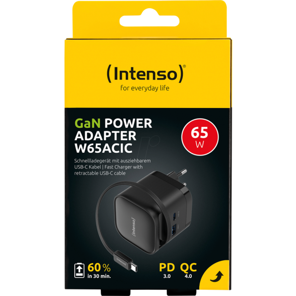 Intenso 65W GaN napajalnik z vgrajenim kablom USB-C, crni slika 9