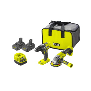 Ryobi Startni set: Akumulatorska bušilica/odvijač, ugaona brusilica, 2 baterije 2.0 Ah, punjač i torba, R18DDAG-220S