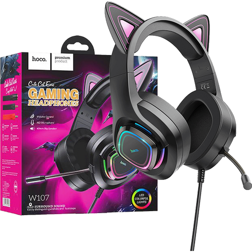 hoco. Slušalice sa mikrofonom, gaming, USB/3.5 mm, LED - W107 Cute Cat Black/Pink slika 1