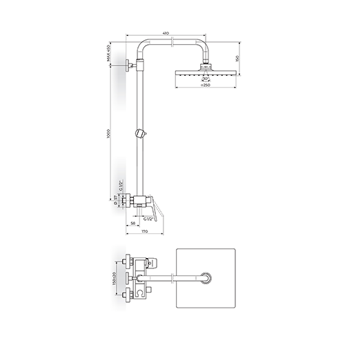 Rosan  STOLZ - BLACK Baterija za tuš kadu sa usponskim tušem 250x250mm slika 2