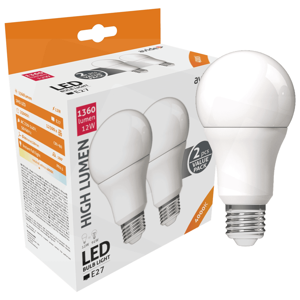 Avide Sijalica, LED 12W, E27, 4000K, 230V AC, pak. 2 kom. - Globe Twin Pack A60 12W E27 slika 1