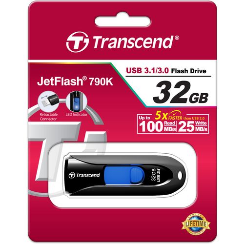 Transcend TS32GJF790K USB 32 GB, JetFlash 790K, USB3.1, 100/25 MB/s, Retractable, Black/Blue slika 4