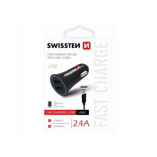 SWISSTEN punjač za auto, 2xUSB, 2.4A, crni + kabel za punjenje USB - USB-C slika 1