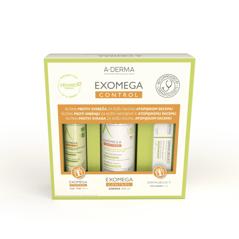 A-Derma Promo Box Exomega Krema 400 ml + Poklon Ulje 100 ml + Dermalibour Cica Krema 15 ml slika 1