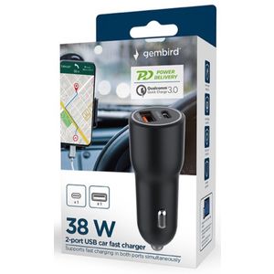 TA-UC-AC2PDQC38-CAR-01 Gembird 2-port USB brzi punjac za auto, Type-C PD, 38W, black