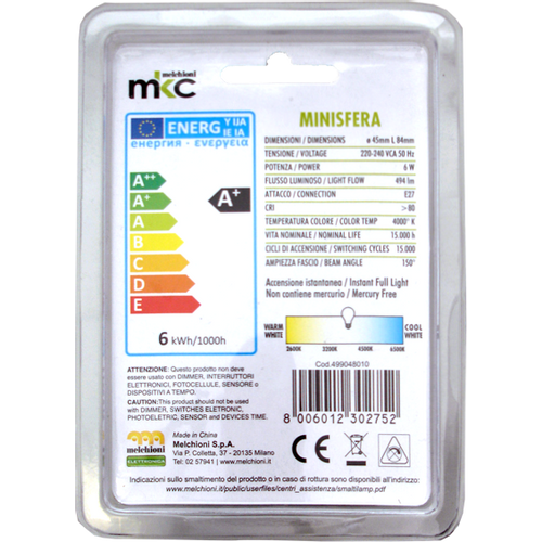 MKC Sijalica,LED 6W, E27, 4000K,220V AC,prirodno bijela svjetlos - LED MINISFERA E27/6W-N slika 3