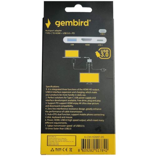 A-CM-HDMIF-05 ** Gembird TYPE-C TO HDMI + USB3.0 + PD ALUMINIUM (alt.A-CM-HDMIF-02-SG 735) slika 5