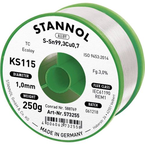 Stannol KS115 lemna žica, bezolovna svitak  Sn99,3Cu0,7 250 g 1 mm Tinol, bezolovni kolut Stannol KS115 SN99Cu1 250 g 1.0 mm slika 1