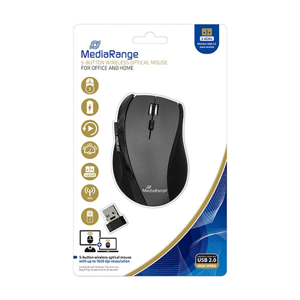 MediaRange MIŠ BEŽIČNI S 5 TIPKI, OPTIČKI, CRNO/SIVO, MROS203 slika 1