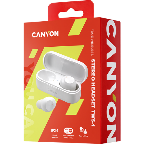 CANYON TWS-1 Bluetooth headset, with microphone, BT V5.0, Bluetrum AB5376A2, battery EarBud 45mAh*2+Charging Case 300mAh, cable length 0.3m, 66*28*24mm, 0.04kg, White slika 5