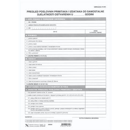 IX-421 Pregled poslovnih primitaka i izdataka od samostalne djelatnosti ostvarenih u____godini (obrazac P-PPI), set 2 lista, 21x29,7 cm slika 2