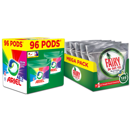 Ariel Color kapsule za pranje veša 96 kom + Fairy Platinum kapsule za mašinsko pranje posuđa 125 komada XXL slika 1