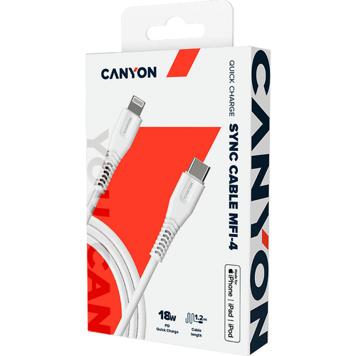 CANYON MFI-4 Type C Cable To MFI Lightning for Apple, PVC Mouling,Function: with full feature( data transmission and PD charging) Output:5V/2.4A, OD:3.5mm, cable length 1.2m, 0.026kg,Color:White slika 5