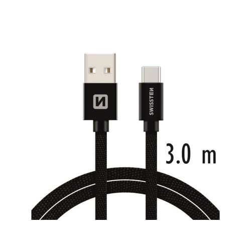 SWISSTEN kabel USB/USB-C, platneni, 3A, 3m, crni slika 1