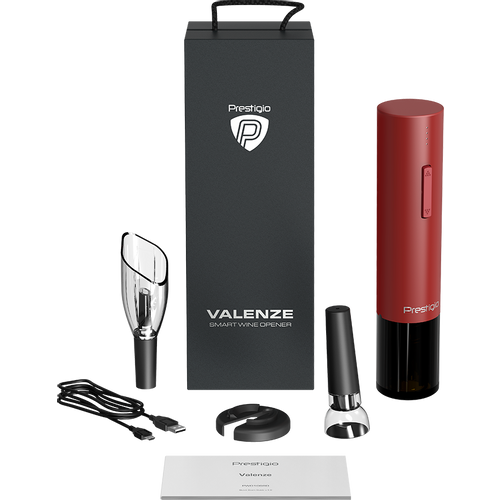 Prestigio Valenze, smart wine opener, simple operation with 2 buttons, aerator, vacuum stopper preserver, foil cutter, opens up to 80 bottles without recharging, 500mAh battery, Dimensions D 48.5*H220mm, red color slika 9