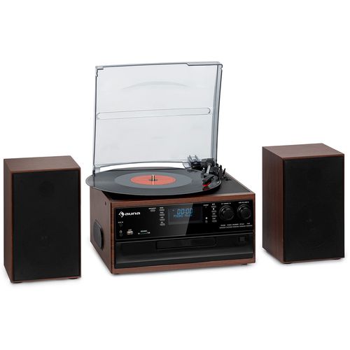 Auna Oakland DAB Plus, retro stereo sustav, DAB +/- FM, BT funkcija, vinil, CD player, kasetofon. uključujezvučnike, Smeđa slika 1