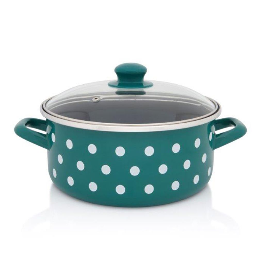 Metalac šerpa plitka sa staklenim poklopcem GREEN DOTS 24 cm / 4.75 l zelena sa bijelim tufnama slika 1