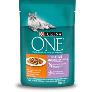 Purina ONE Sensitive Adult vrećice za mačke, mini fileti s piletinom i mrkvom i s lososom i mrkvom u umaku, 85 g