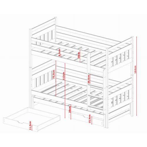 Drveni dječji krevet na kat Seweryn s tri kreveta i ladicom - bijeli - 190/200*90 cm slika 2