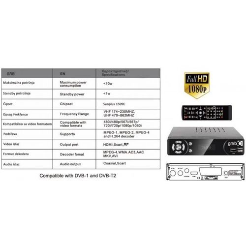 GMB-T2-404 **DVB-T2 SET TOP BOX USB/HDMI/Scart/RF-out, PVR, Full HD, H264,hdmi-kabl,RF modulator1434 slika 2