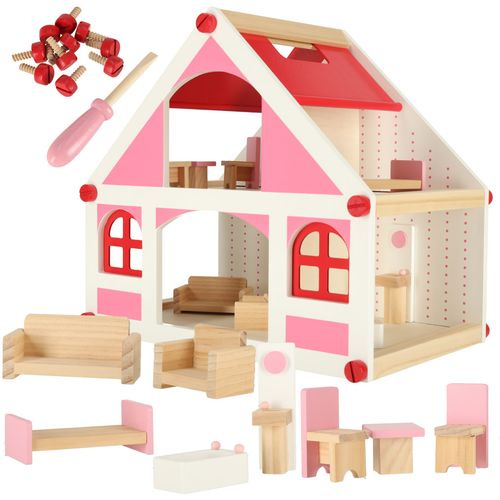 Drvena kućica za lutke s namještajem roza 36cm slika 1