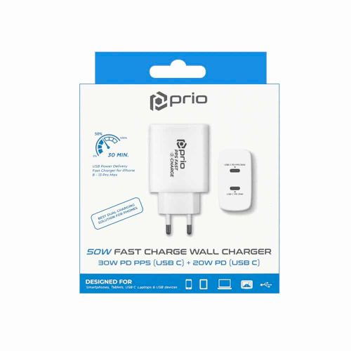 Prio 50W zidni punjač za brzo punjenje 30W PD PPS (USB C) + 20W PD (USB C) bijeli slika 2