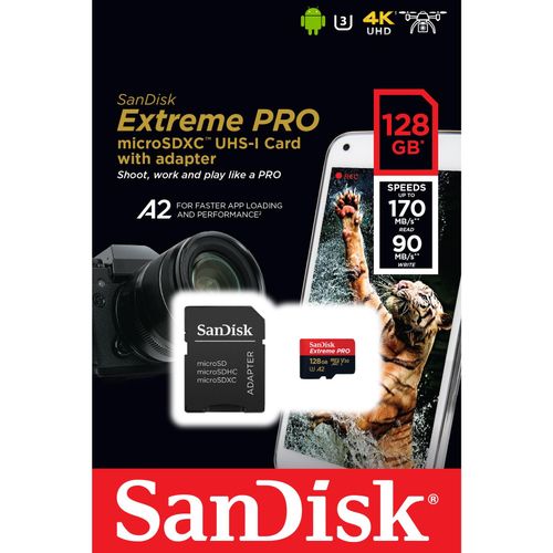 SanDisk Extreme PLUS microSDXC 128GB + SD Adapter read 200MB/s &amp; write 90MB/s A2 C10 V30 UHS-I U3 slika 1