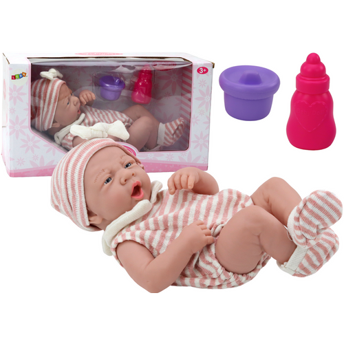 Lutka novorođenče - Prugasta odjeća, šešir, čarape, bočice slika 1