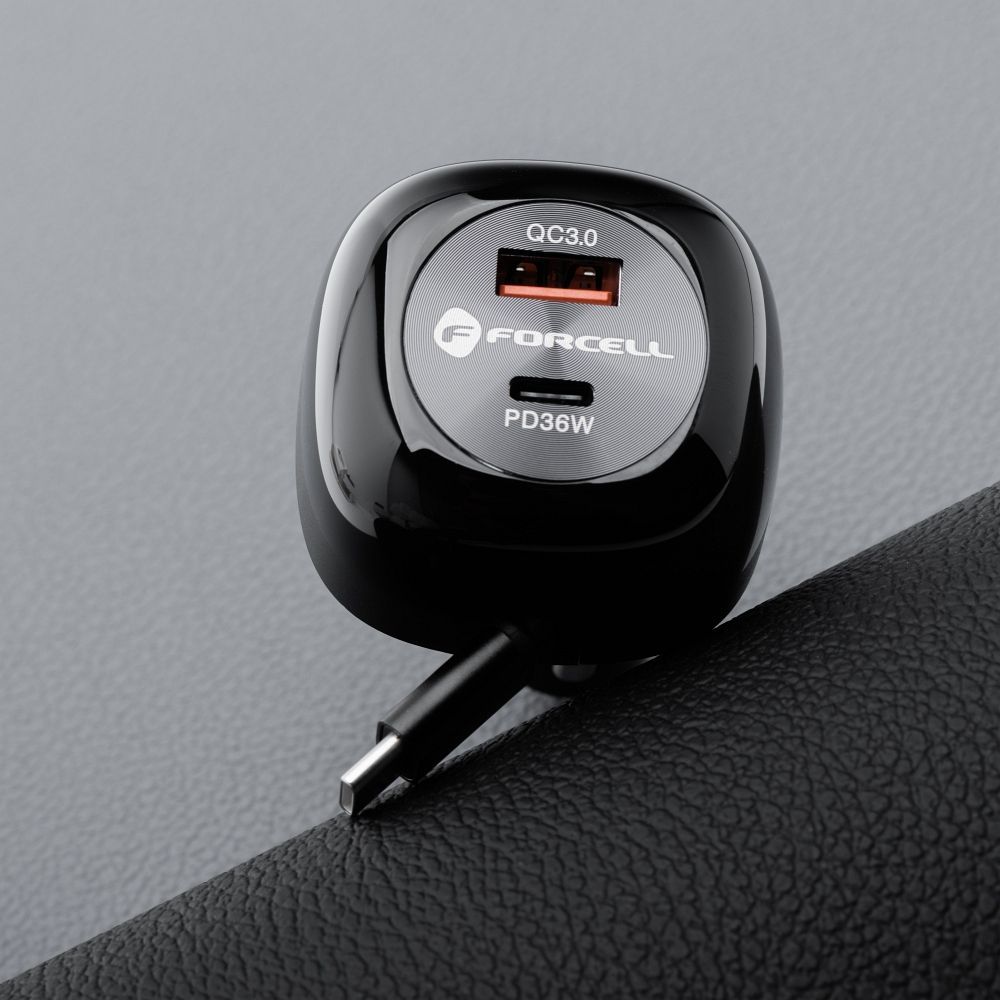 Auto punjač Forcell F-Energy Alu USB C + USB A + uvlačivi kabel USB C PD QC4.0 SFC2.0 3A 75W crni slika 3