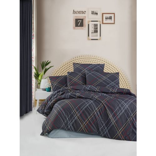 L'essential Maison Briana - Komplet posteljine za jednu osobu, Ranforce pamuk, Mornarsko plava boja sa detaljima u crvenoj, narandžastoj i zelenoj slika 1