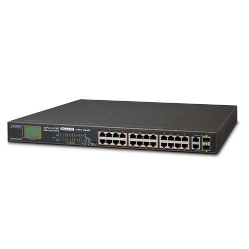 Planet 28-Port LCD Managed (24x100Mbps 802.3at PoE (300W) 2x GbE 2x 1G SFP) Desktop Switch slika 1