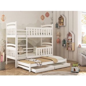 Drveni dječji krevet na kat Viki s tri kreveta i ladicom - bijeli - 160/180*80 cm