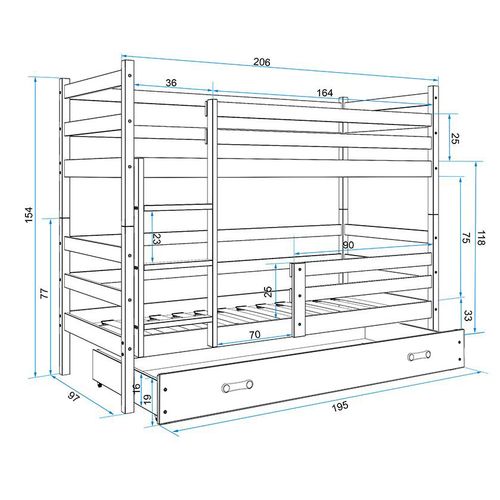 Drveni dječji krevet na kat Erik s ladicom - 200*90 - grafit-bijeli slika 3