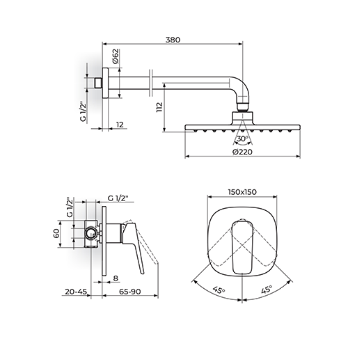 Rosan  STOLZ Uzidna baterija sa zidnim tušem250*250mm slika 2