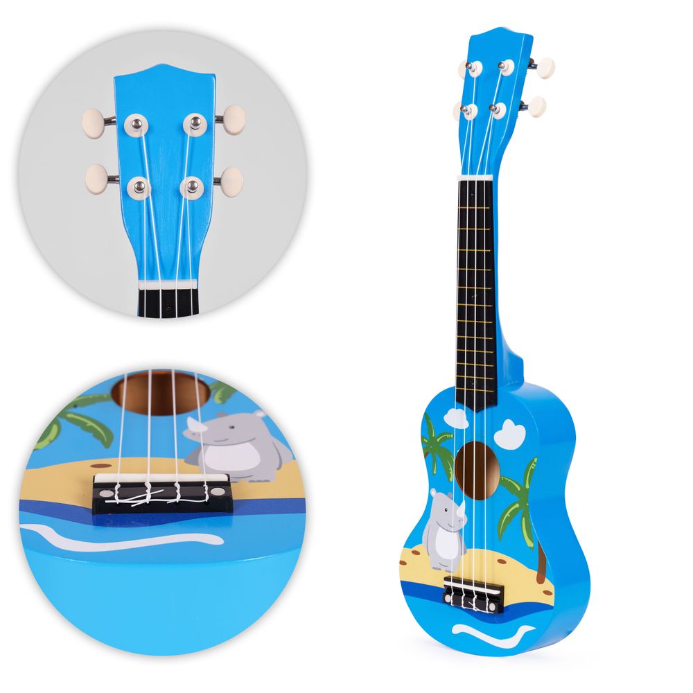 ECOTOYS drvena ukulele za djecu, plava – 4 najlonske žice i trzalica slika 8