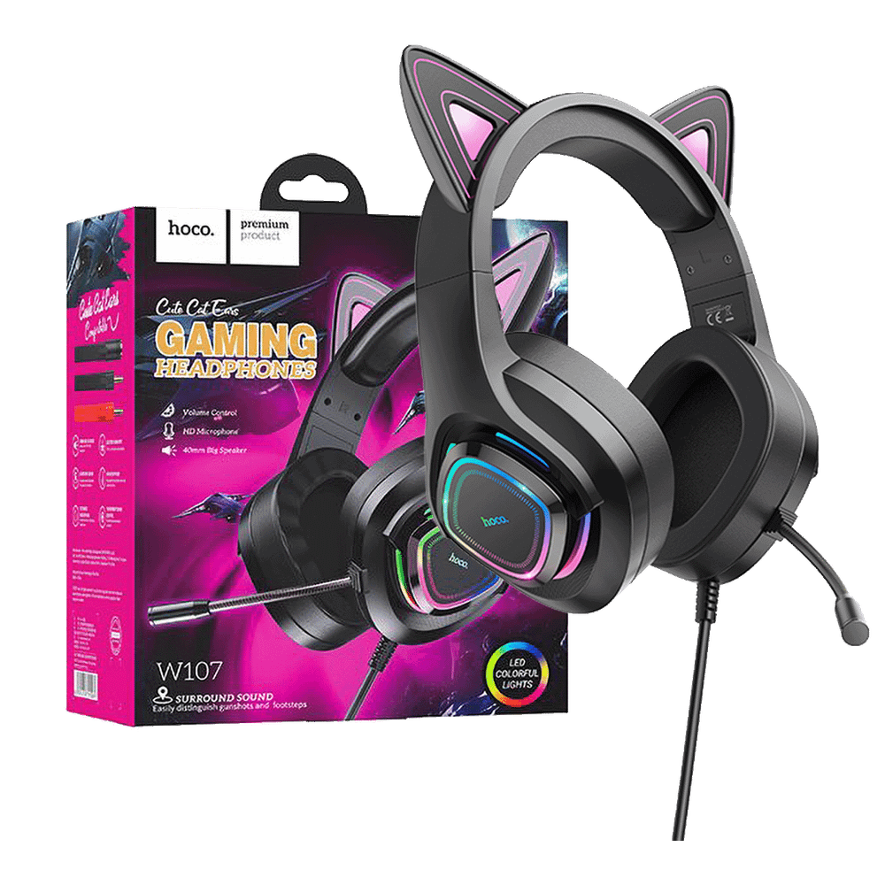 hoco. Slušalice sa mikrofonom, gaming, USB/3.5 mm, LED - W107 Cute Cat Black/Pink slika 1