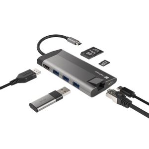 Natec NMP-1690 FOWLER PLUS, USB Type-C 6-in-1 Multi-port Adapter (USB3.0 Hub + HDMI + PD + SD/MicroSD card reader + Gigabit LAN), Max. Output 100W, Grey