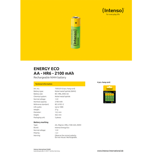 (Intenso) Baterija punjiva AA / HR6, 2100 mAh, blister 4 komada - AA / HR6/2100 slika 3