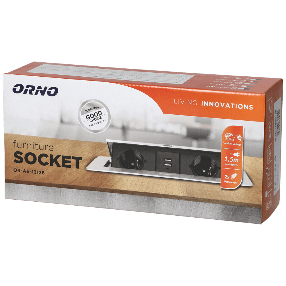 Orno Produžni kabel sa 2 x Schuko utičnice + 2 x USB, ugradbena - OR-AE-13126(GS)/BR slika 2