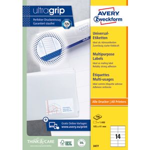 Avery Zweckform 3477 višenamjenske naljepnice A4 ultragrip 105x41mm 100 listova 1.400 naljepnica bijele