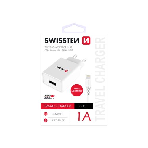 SWISSTEN punjač za AC220, 1xUSB, 1A, bijeli + LIGHTNING kabel slika 1