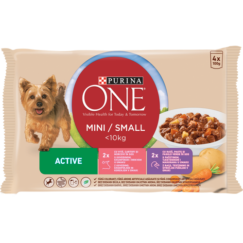 Purina ONE® Active, multipakiranje  s govedinom, krumpirom i mrkvom u umaku, s patkom, tjesteninom i mahunama u umaku, 4x100 g slika 1