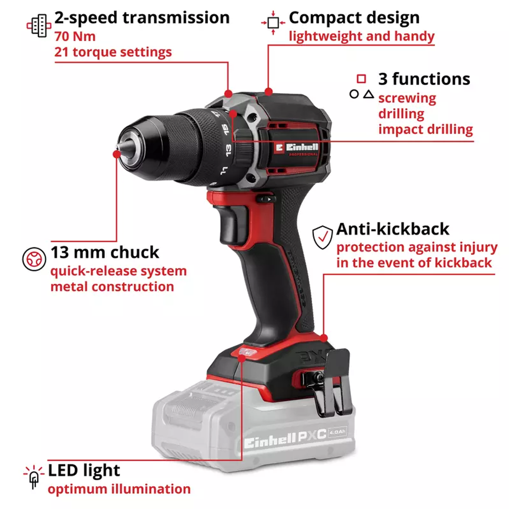 Einhell PXC aku udarna bušilica TP-CD 18/70-C Li-i BL-Solo slika 2