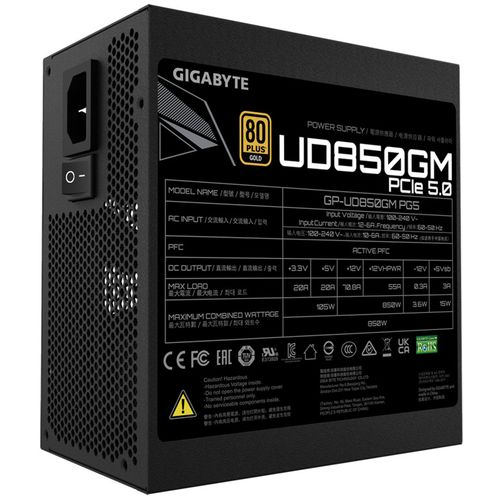 Gigabyte PSU 850W PCIe 5.0;Gold Modular; 1xMB, 2xCPU;1xPCIe 5.0, 4xPCIe, 8xSATA slika 2