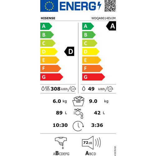 Hisense WDQA9014EVJM Mašina za pranje i sušenje veša, 9/6 kg, 1400 rpm, Inverter PowerDrive, SteamTech, Dubina 61 cm slika 5